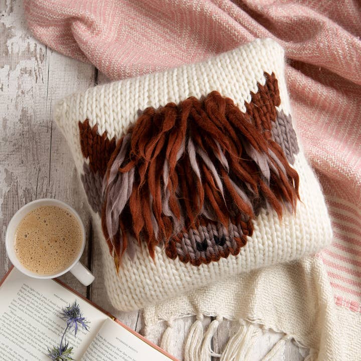 Highland Cow Cushion Cover Easy Knitting Kit for wholesale by Wool Couture Company