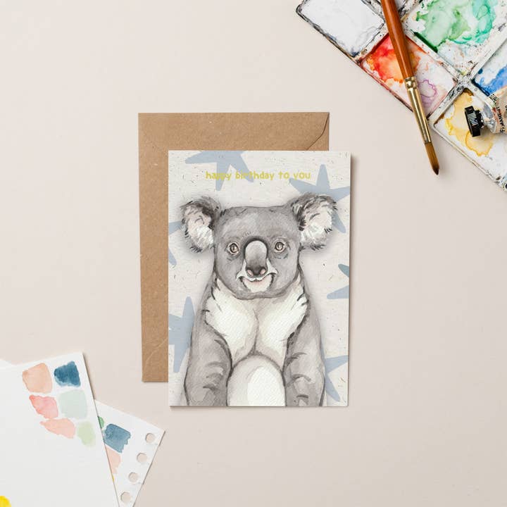 Koala Birthday card with Gold Foil for wholesale by lil wabbit