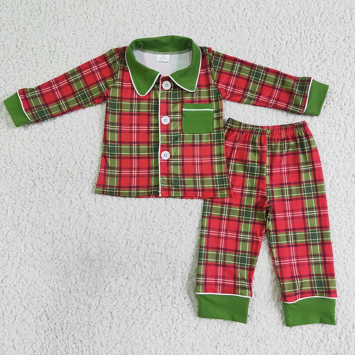 Baby boys Christmas red green plaid pajamas sets for wholesale by Aier Wholesale