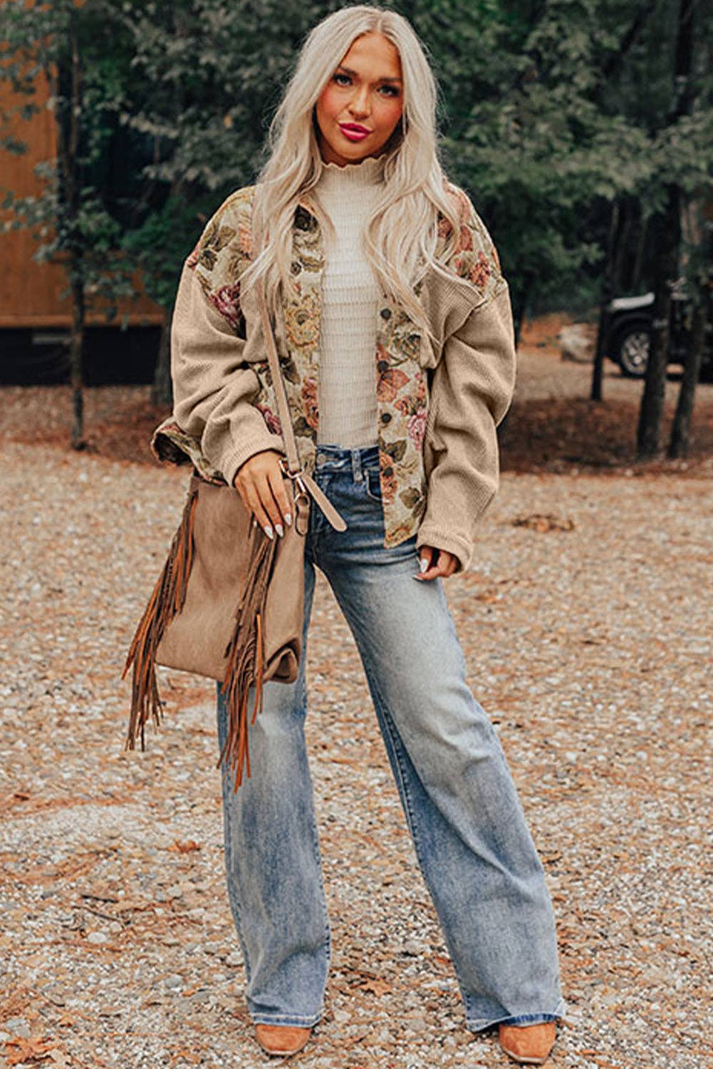 Khaki Floral Waffle Knit Patchwork Chest Pockets Buttoned Jacket for wholesale on Faire3