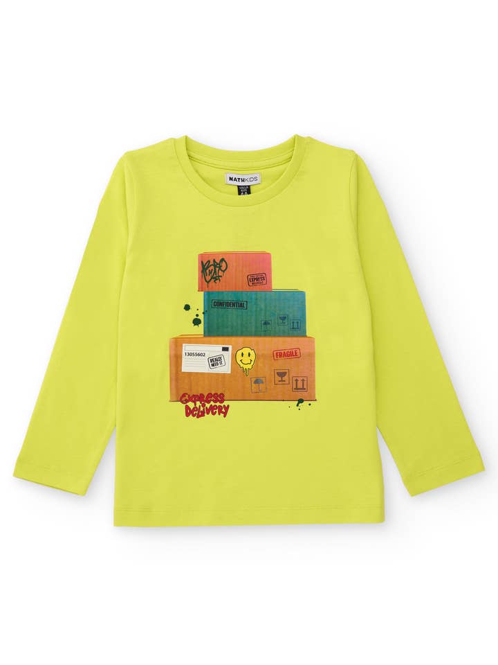 Jungen-T-Shirt in Limettengrün mit Kistenmuster für den Großhandel von tuc tuc