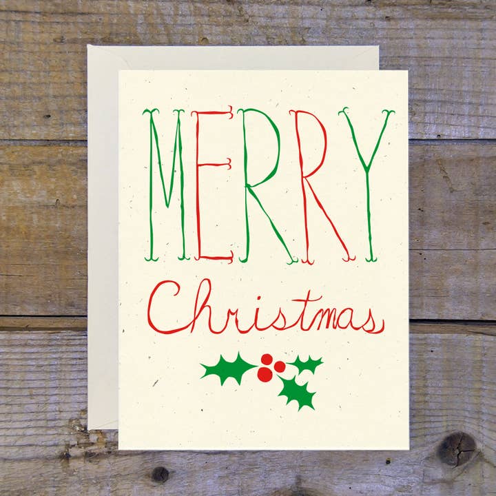 Merry Christmas Holly Card for wholesale by Troy Cloth & Paper