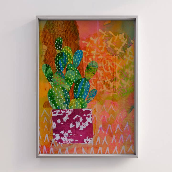 LinHopArt - Wholesale Art Print - Cactus Plant: Mixed Media Collage- Fine Art Print