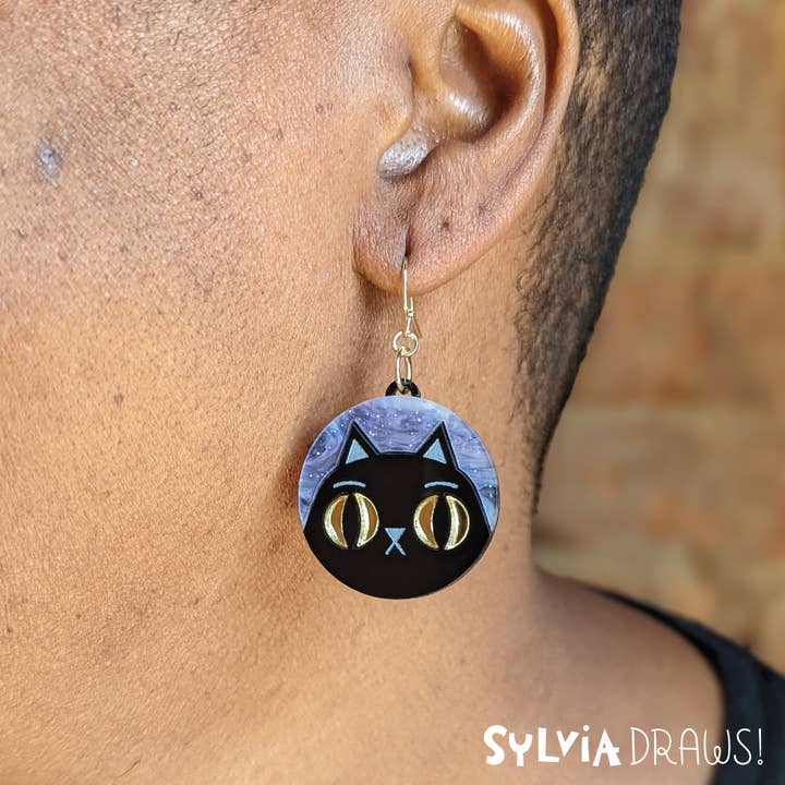 Black Cat Witchy Halloween Earrings for wholesale by Sylvia Draws