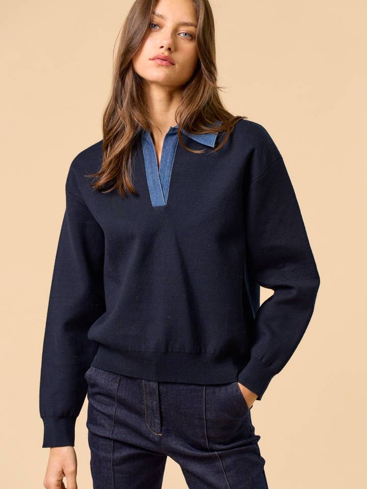 Long Sleeve Sweater with Denim Collar for wholesale by Lalavon