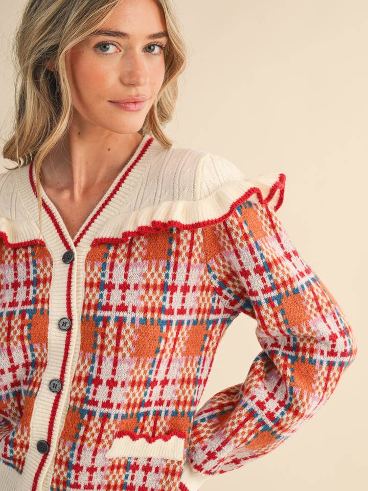 &MERCI - Wholesale Cardigan - Women's - RUFFLED YOKE PLAID SWEATER CARDIGAN MSW1118519