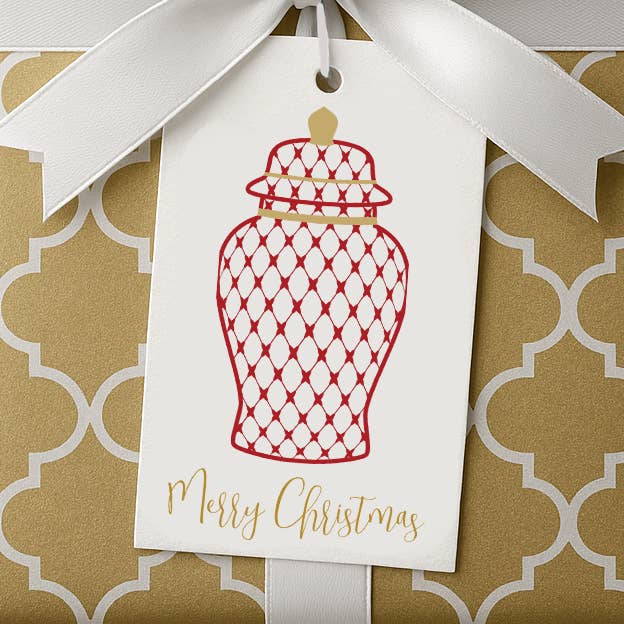 Étiquettes-cadeaux de Noël chic en pot à gingembre rouge et or pour la vente par Design Carolinas