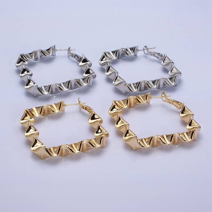Gold Wavy Rhombus Hoops Lever Back Hoops Statement Gold Hoops 16K Gold Filled Earring 41mm AD996 AD997 for wholesale by Aim Eternal