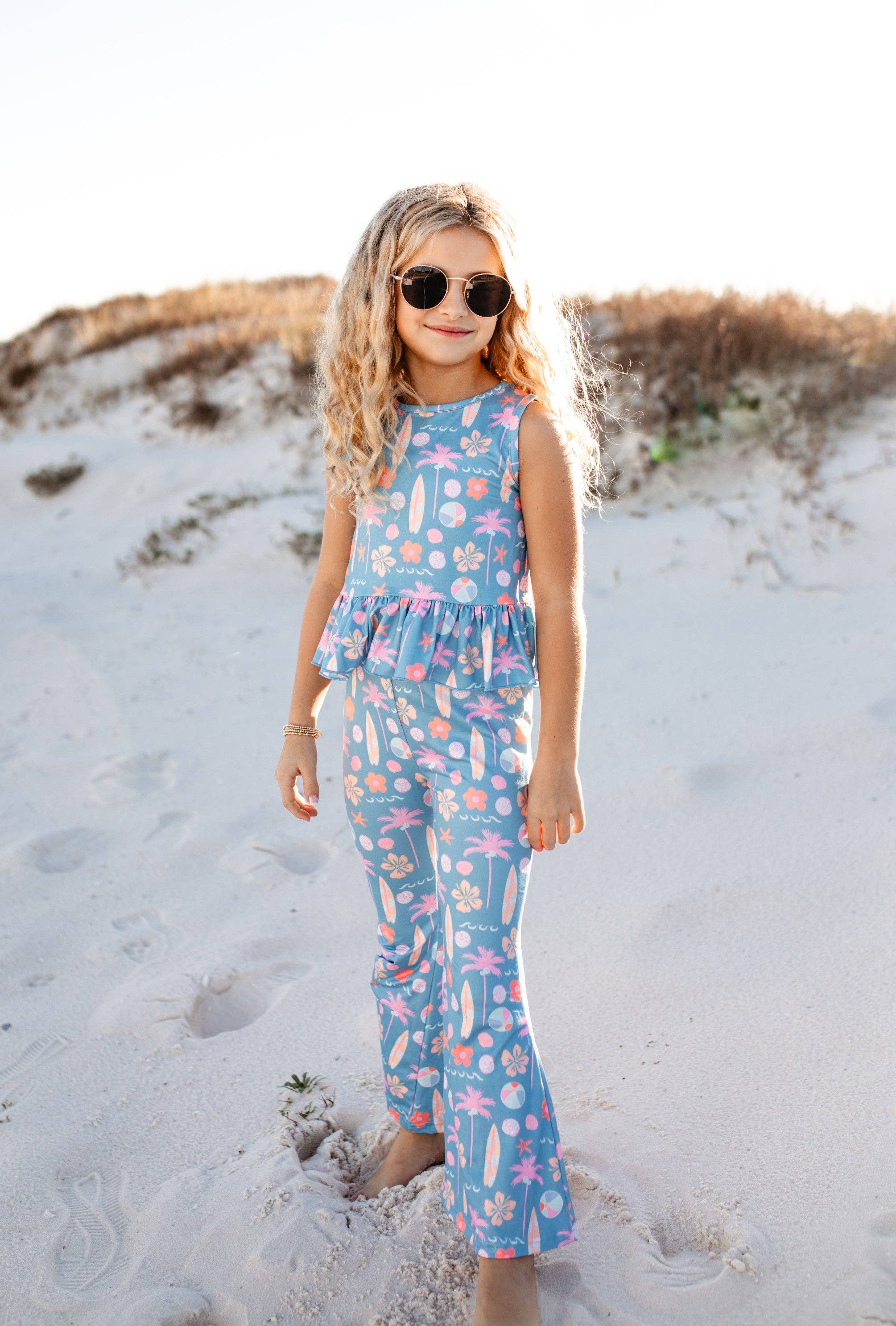 Adorable Sweetness - Wholesale Top & Pant Set - Kids - Kids Dusty Blue & Pink Summer Surf Print Flare Pant Set4