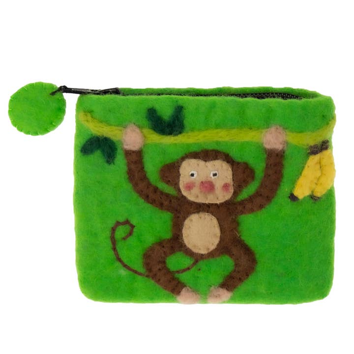 Global Crafts - Wholesale Coin Purse - Women's - Handcrafted Monkey Felt Coin Zipper Pouch