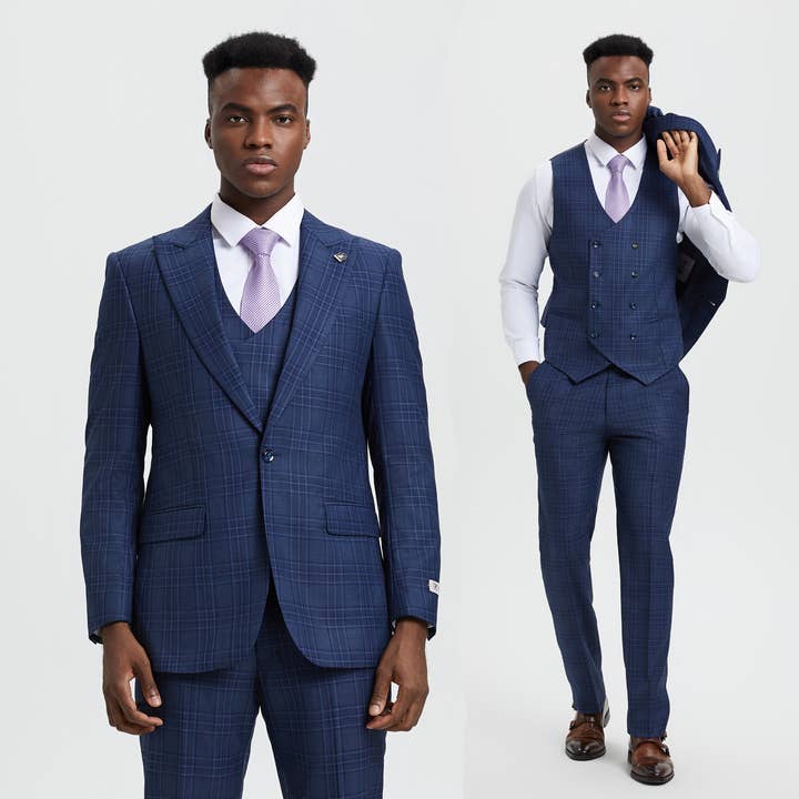 Stacy Adams, 3-PC Plaid Suit,Double Breast Vest (SM170H1-12) for wholesale by Suits America