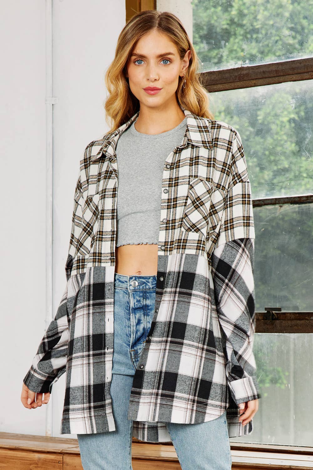 FSL Apparel - Wholesale Button Down Shirt - Women's - IJ1046 - MIXED PLAID BUTTON DOWN OVERSIZED SHIRT1
