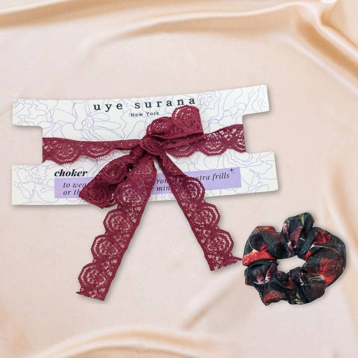 Garden Fantasy Scrunchie + Wine Choker Set for wholesale by Uye Surana