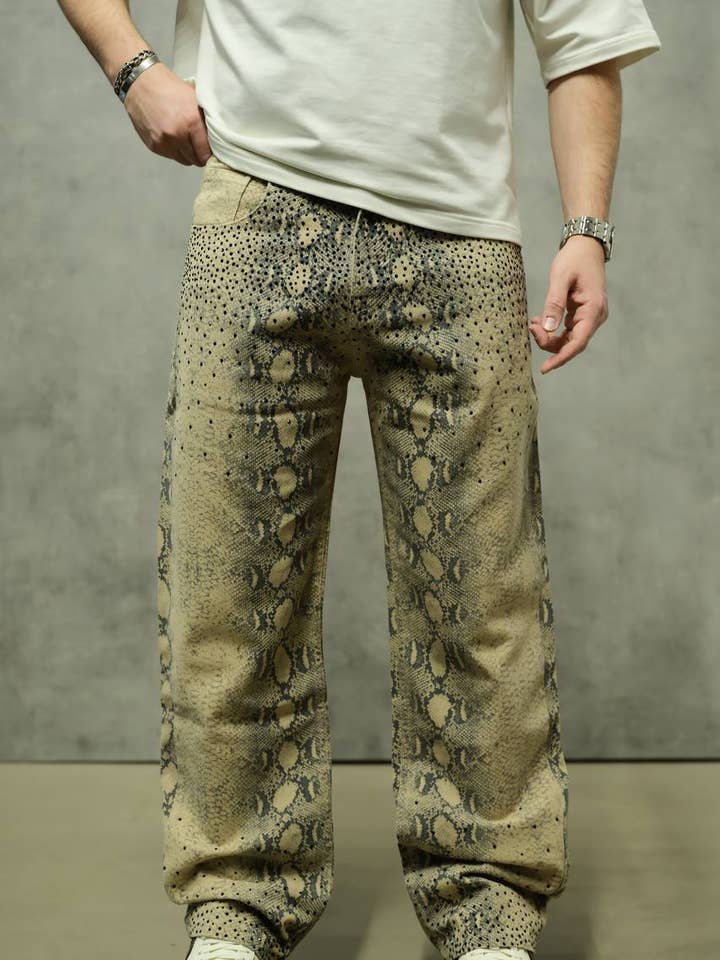 Vaqueros de mezclilla anchos de leopardo premium con efecto desgastado para venta al por mayor de PremiumDenim