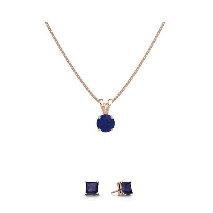 Ensemble collier rond de 18 pouces et boucles d'oreilles carrées en or rose 18 carats et saphir bleu 1/2 ct, plaqué pour la vente par Paris Jewelry