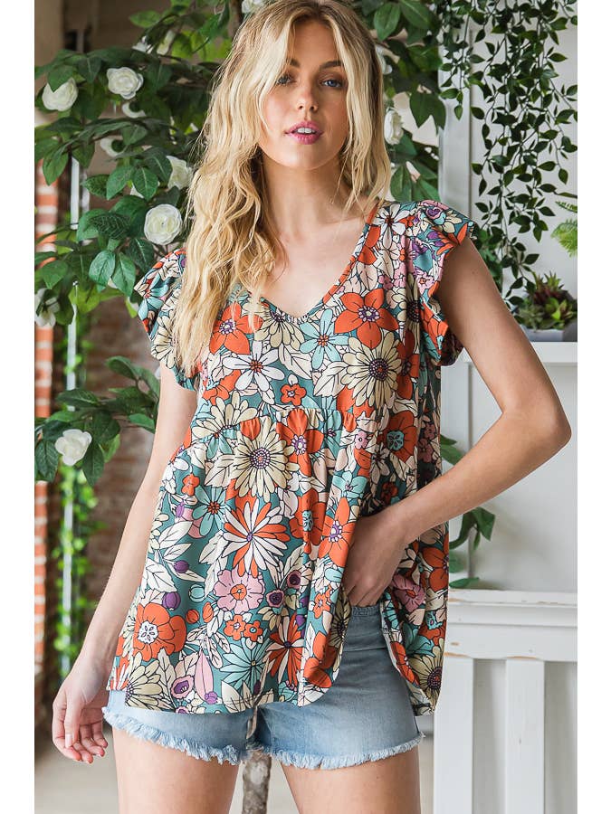 7th Ray - Vendita all'ingrosso Camicetta - Donna - Top a maniche svolazzanti con stampa floreale multicolore Baby Doll T516514