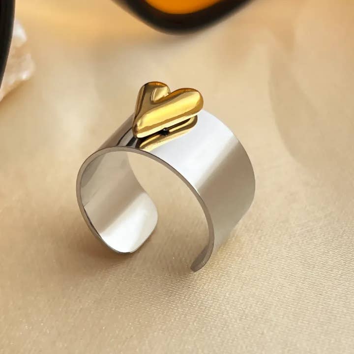 Sweet Cherry Sky - Wholesale Cocktail/Statement Ring - Solid Adjustable Mixed Jewelry Ring Silver and Gold Heart