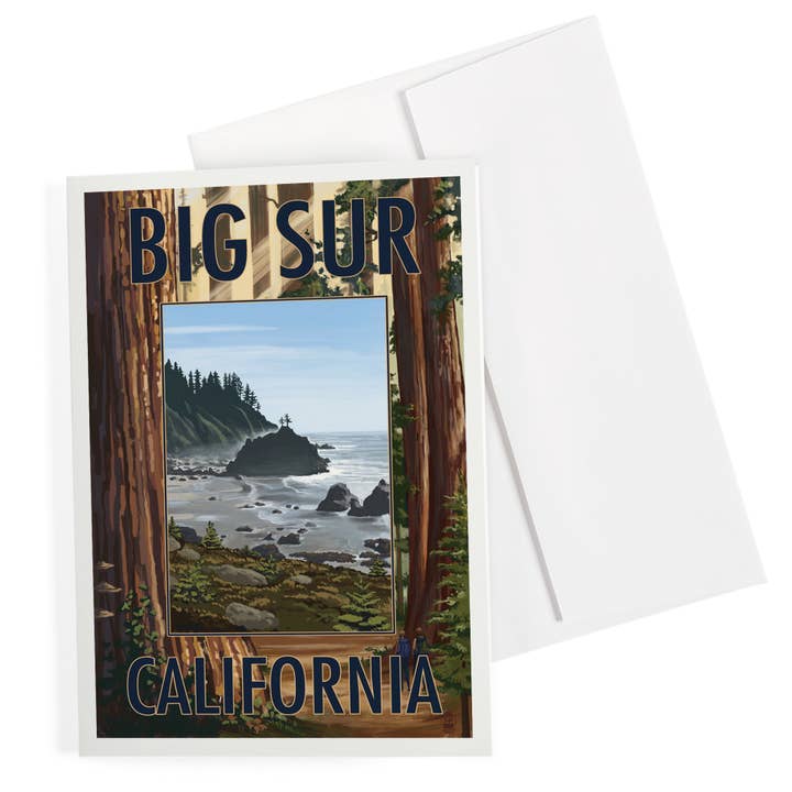 TARJETA DE FELICITACIÓN Big Sur, California, Escena de Árboles y Océano para venta al por mayor de Lantern Press