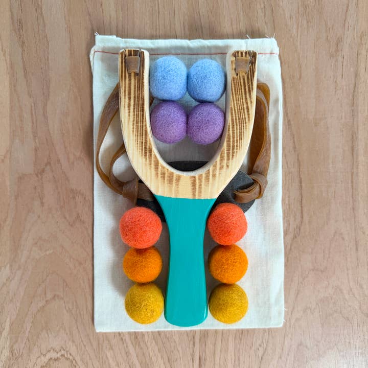 Little Lark - Wholesale Slingshot - Kids - Sunset Colors Wood Slingshot, felt ball ammo1
