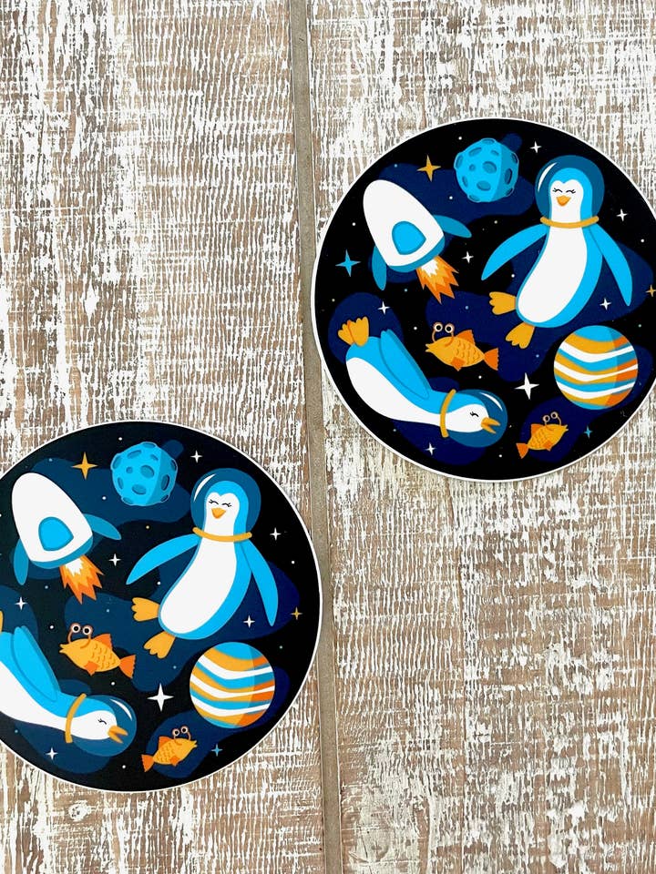 Astronaut Penguin Space Animal Bird Cute Vinyl Sticker for wholesale by Robyriker Designs