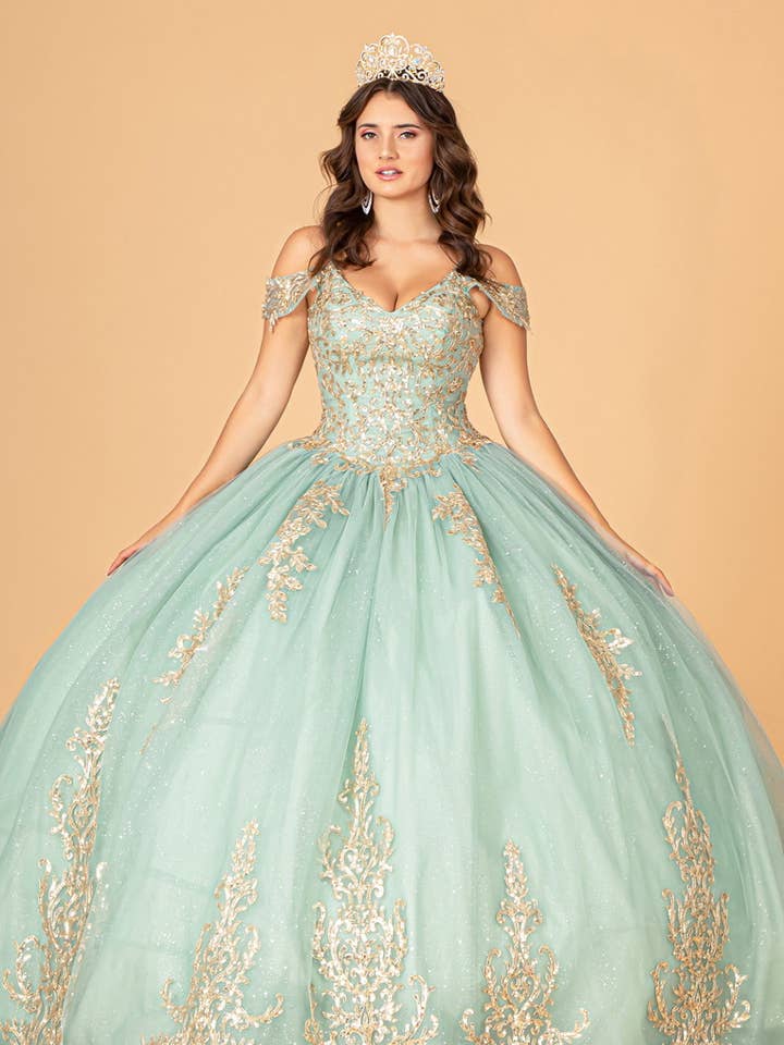 Gold Embroidered Mesh Quinceanera Ball Gown w/ Corset Back for wholesale by Tux-USA®