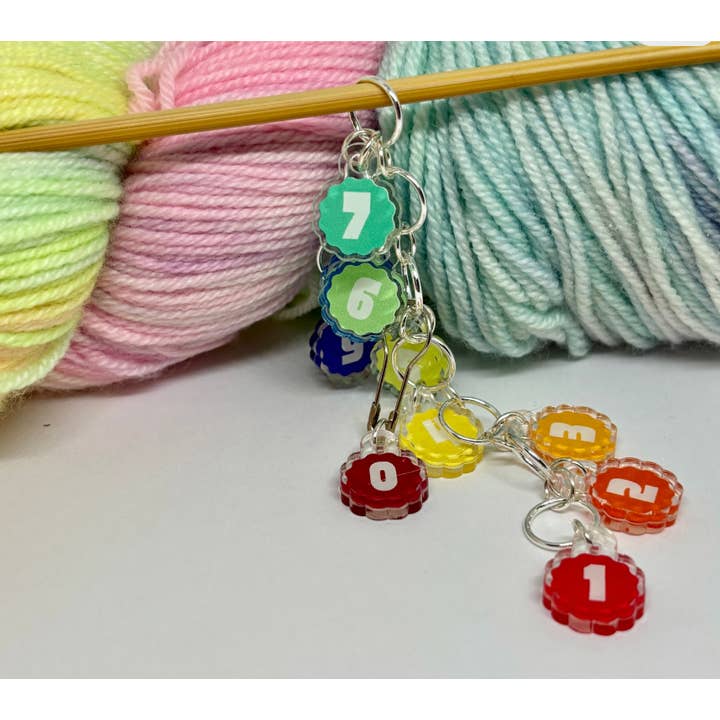 Row Counter Knitting Crochet Stitch Marker 0-9 Rainbow Acryl for wholesale by Comma Craft Co