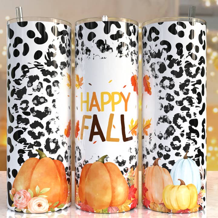Fall "Happy Fall" Leopard Print Pumpkin Tumbler for wholesale by FloBama Girls Wholesale