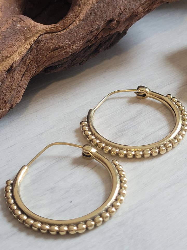 Golden Brass Hoop Earrings with Ornate Detail for wholesale by Laboheme