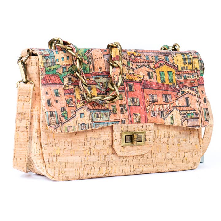 Meninas Bonitas Cork - Wholesale Shoulder Bag - Women's - Women's Cork Shoulder Bag with Chain Accent and Button Closure BAGD-560
