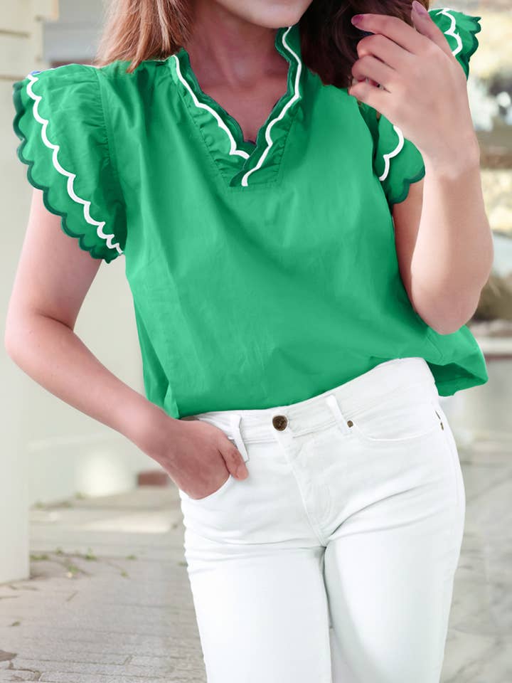1 the Woman - Wholesale Blouse - Women's - Contrast Scallop Trim Layered Short Sleeve V Neck Blouse