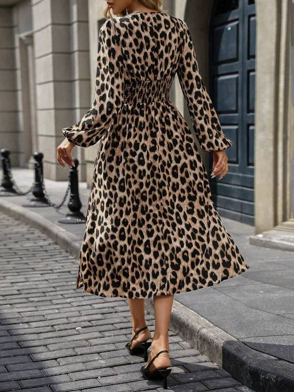 ElevateWell - Wholesale Dress - Women's - Women's long sleeve maxi dress with leopard print and V-neck1