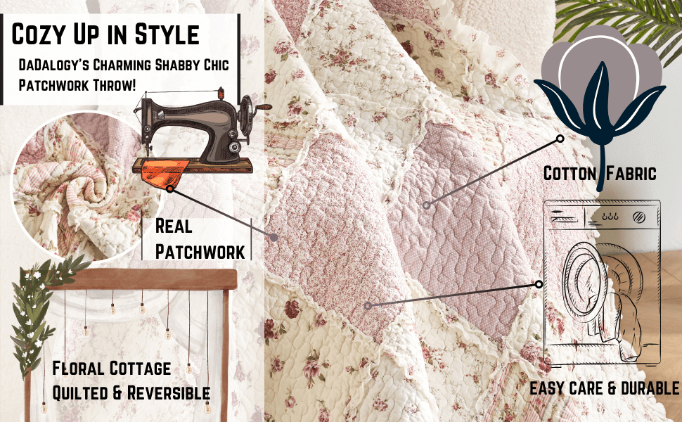 DaDalogy Bedding - Wholesale Throw Blanket - DaDalogy Cotton Patchwork Throw Blanket - Floral Cottage Quilted Reversible Blush Pink & Cream Shabby Chic Botanical Ruffle Design - Vintage Garden Rose Pastel Accents (3031)- 50 x 603
