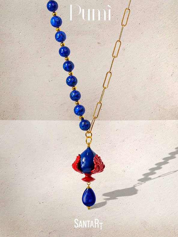 Colar Pumo azul e vermelho por atacado de Santart