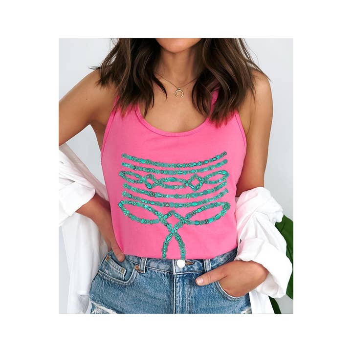 COLORBEAR - Wholesale Tank Top - Women's - Turquoise Stone Stitch Graphic Racerback Tank Top6