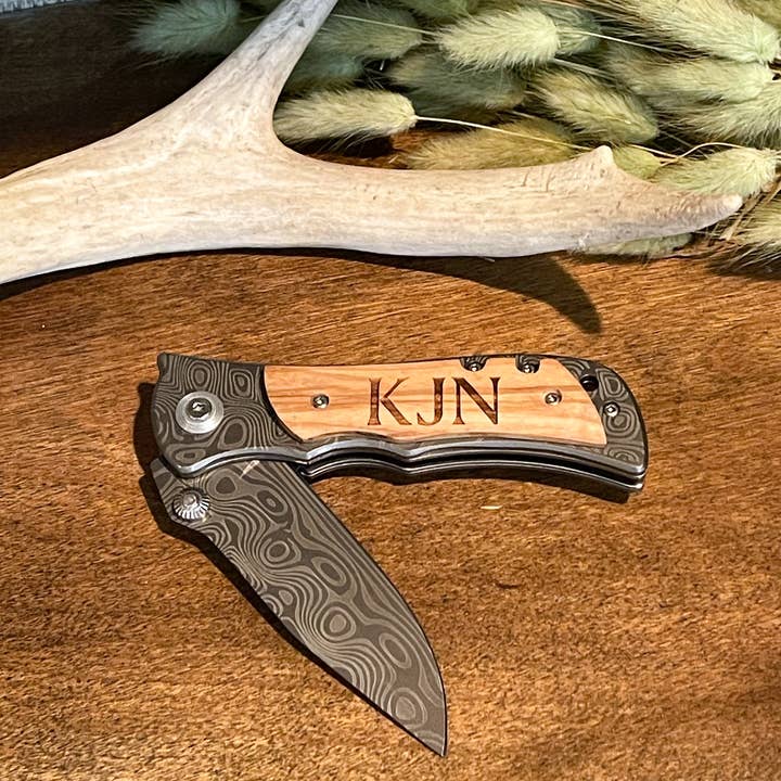 Personalized Damascus blade and mango wood pocket knife for wholesale by Woobie Beans Jewelry, Gifts & Apparel