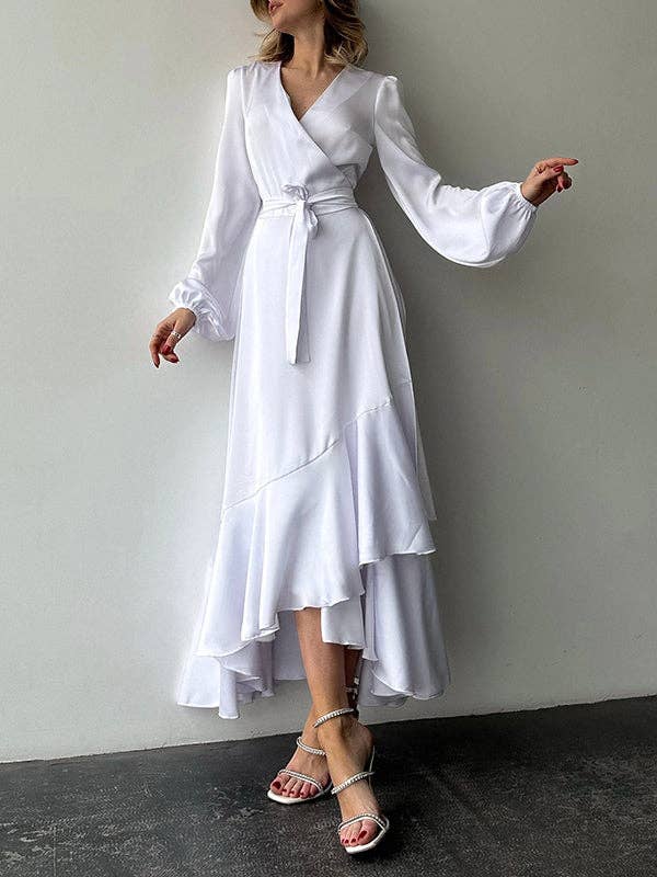 Sheer Trend - Wholesale Dress - Women's - Puff-Sleeve Asym Pleat Split-Tie V-Neck Shirt Maxi3