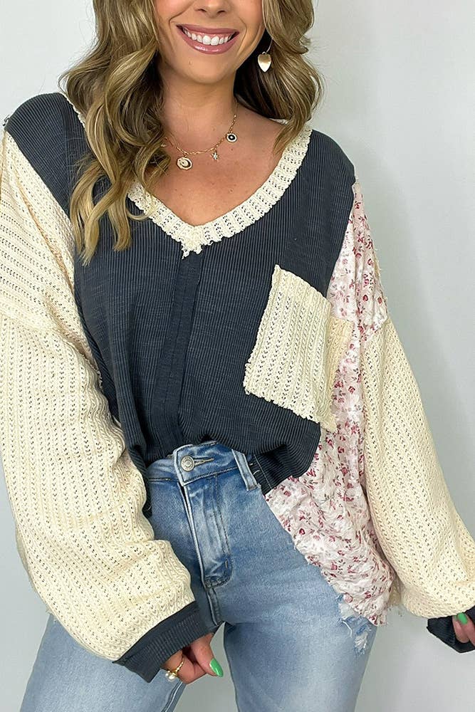 UNISHE - Wholesale Blouse - Women's - Floral Waffle Knit Color Block Pullover Top CY1631