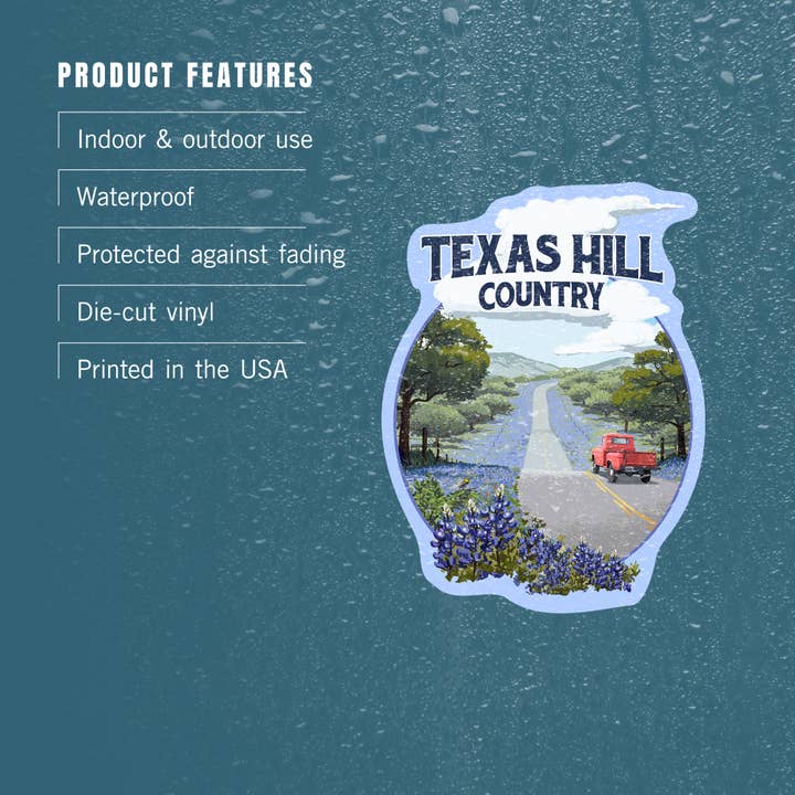 Lantern Press - Vendita all'ingrosso Adesivo - ADESIVI Texas Hill Country, Texas, Bluebonnets3