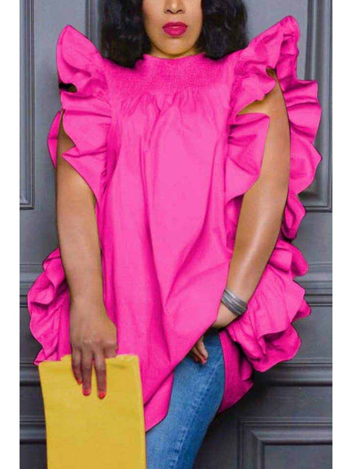 hot pink round neck ruffle loose top shirt blouse for wholesale on Faire