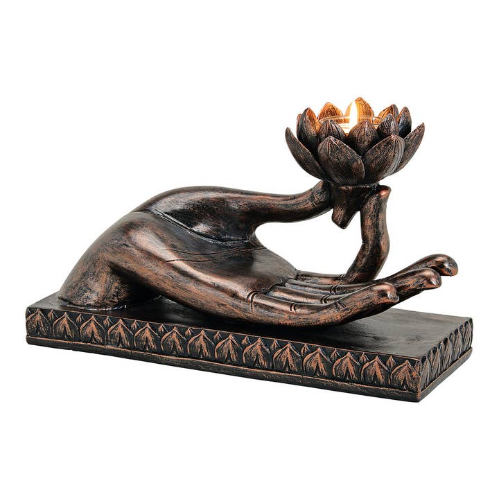 Main de Bouddha avec porte-bougie chauffe-plat en poly brun (L/H/P) 32x19x15cm pour la vente par Wurm