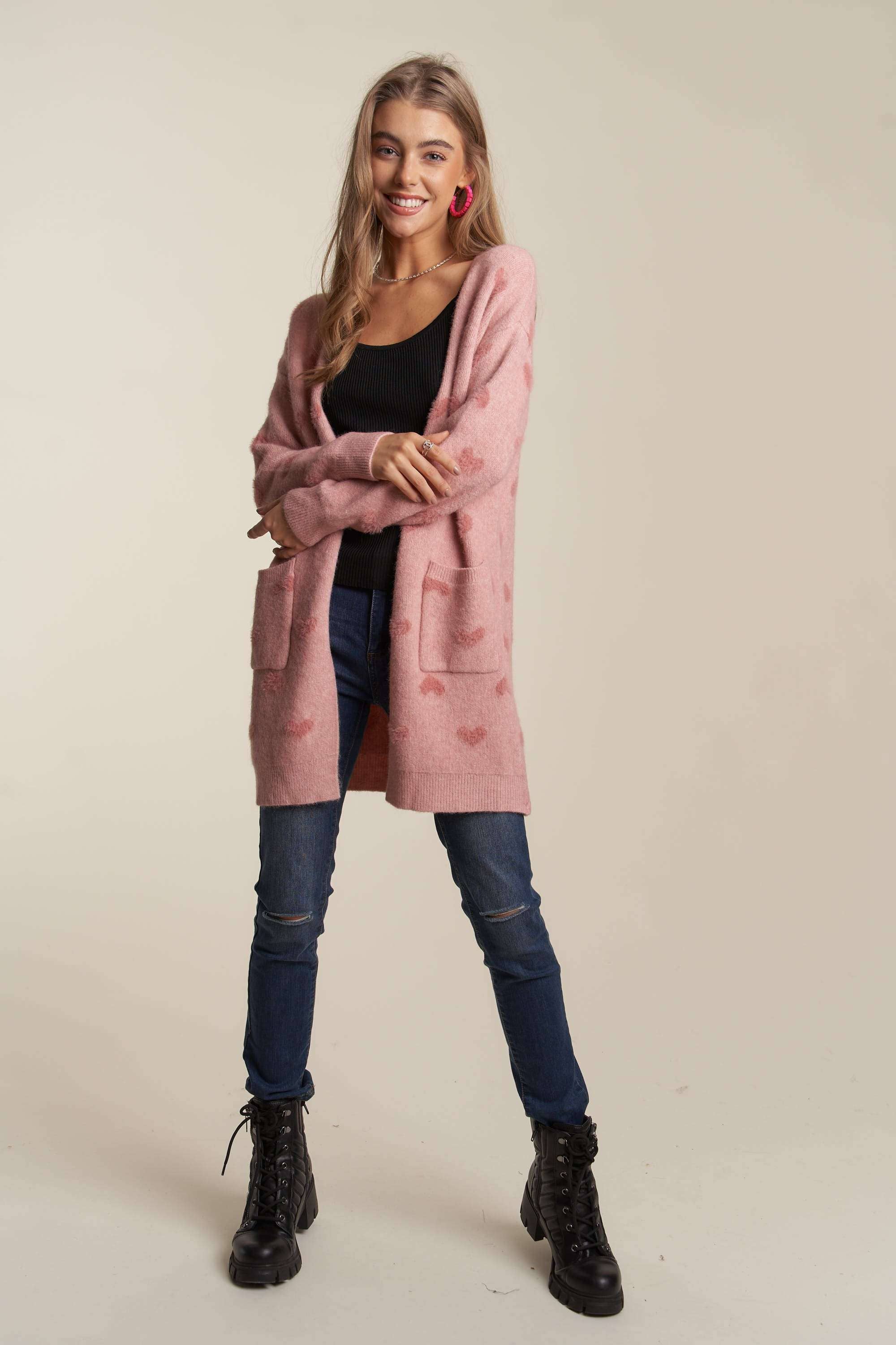 ADORA LA – wholesale Cardigan – Women’s – CESW3433 - LOVELY HEART PRINT SWEATER CARDIGAN4