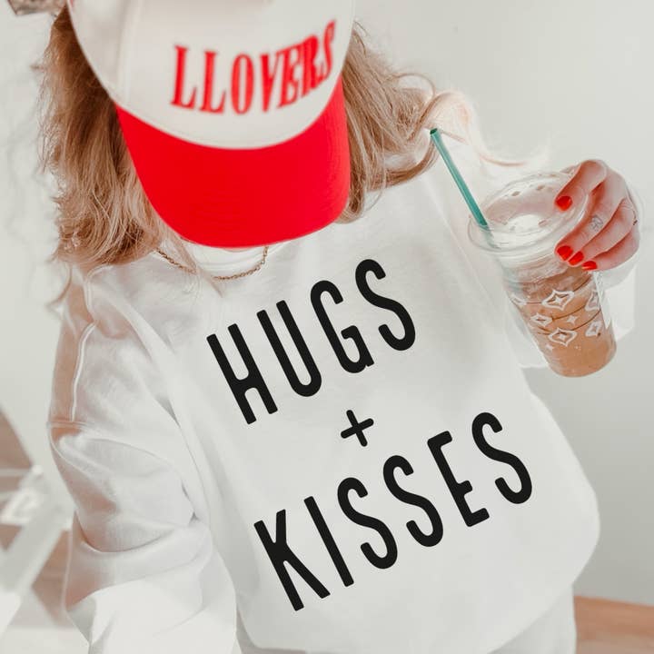Hugs + Kisses Valentine Graphic Tee Crewneck Sweatshirt for wholesale by Shoppe SHC