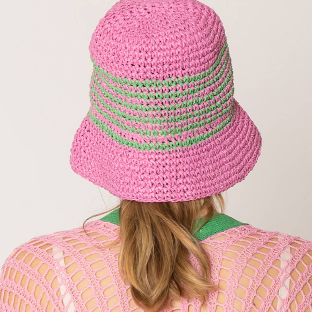 Fashion City - Wholesale Bucket Hat - Women's - Two Tone Stripe Straw Crochet Bucket Hat8