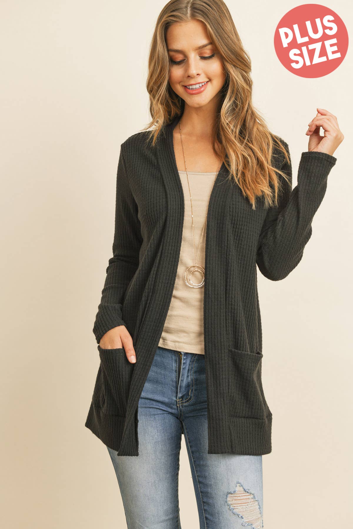 You & Me - Wholesale Cardigan - Women's - PLUS SIZE BRUSHED WAFFLE LONG SLEEVE SIDE POCKET OPEN FRONT3
