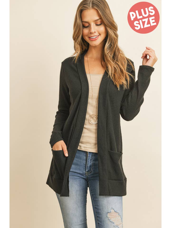 You & Me - Wholesale Cardigan - Women's - PLUS SIZE BRUSHED WAFFLE LONG SLEEVE SIDE POCKET OPEN FRONT3