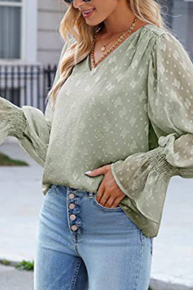 UNISHE - Wholesale Blouse - Women's - V Neck Lace Sheer Flare Sleeves Blouse AXR00510