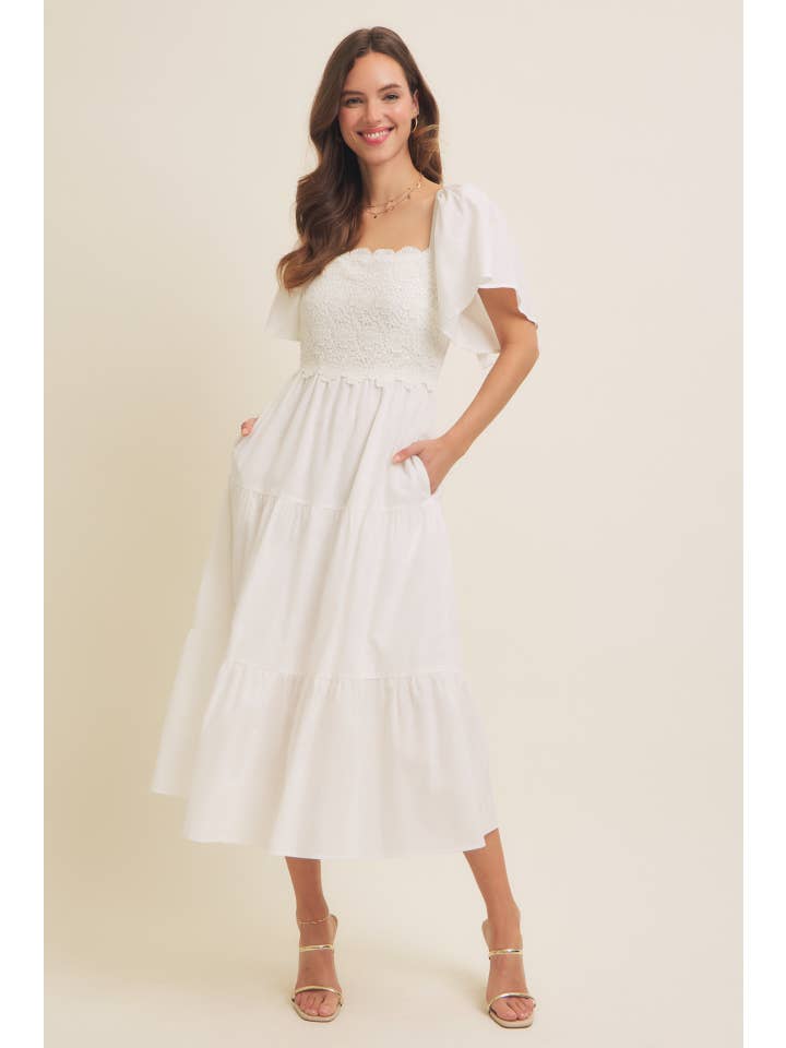 in february - Wholesale Dress - Women's - TIERED FLORAL CROCHET MIDI DRESS WITH FLUTTER SLVS