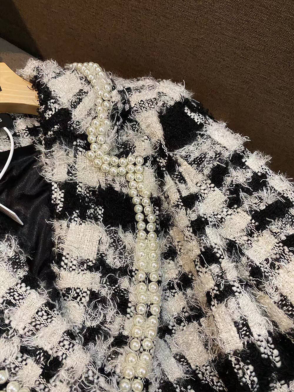 Multi Colored SY374 Handmade Beaded Belt Black & White Checkered Wool Coat for wholesale on Faire1