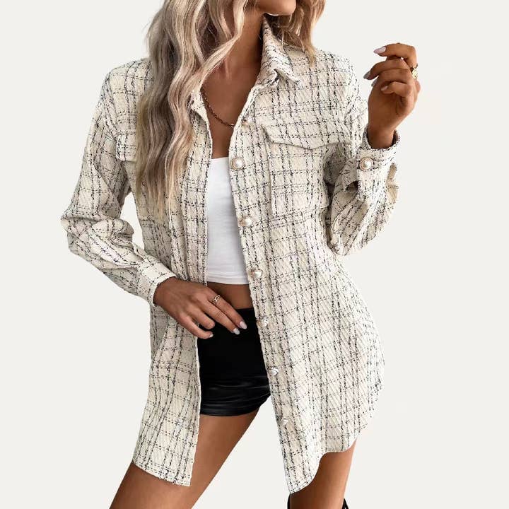 Apricot Looking Great Plaid Collared Neck Tweed Long Sleeve Shacket for wholesale on Faire10