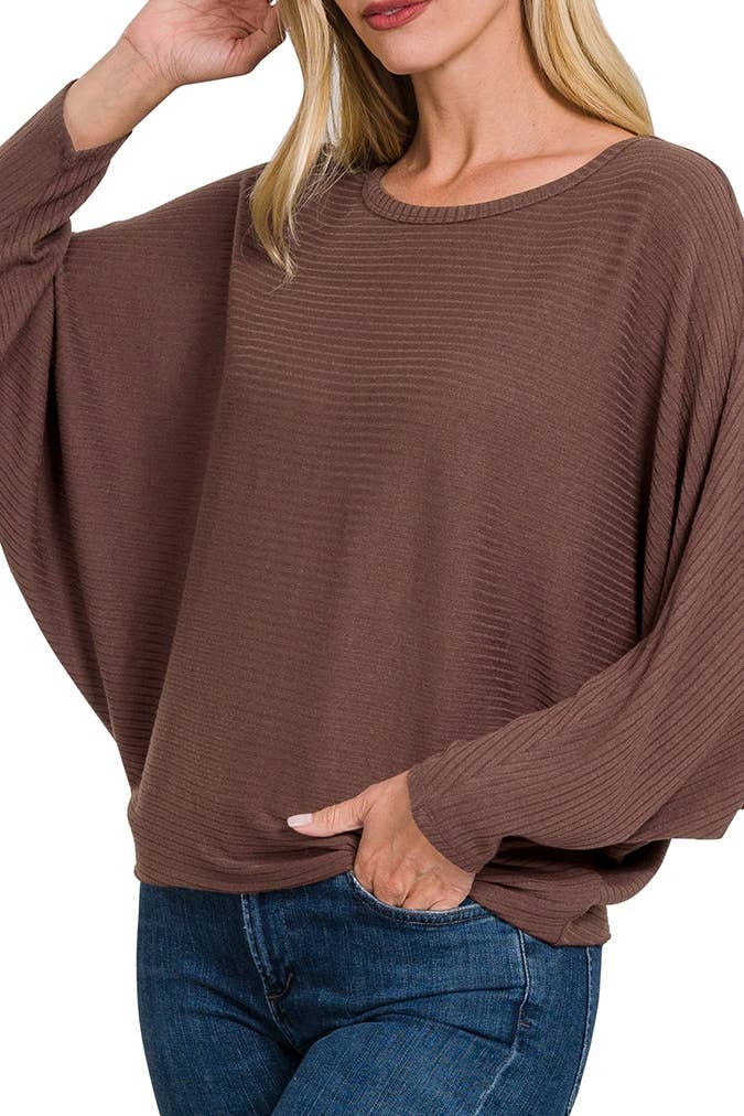 Wholesale Ribbed Batwing Long Sleeve Boat Neck Sweater for your store -  Faire